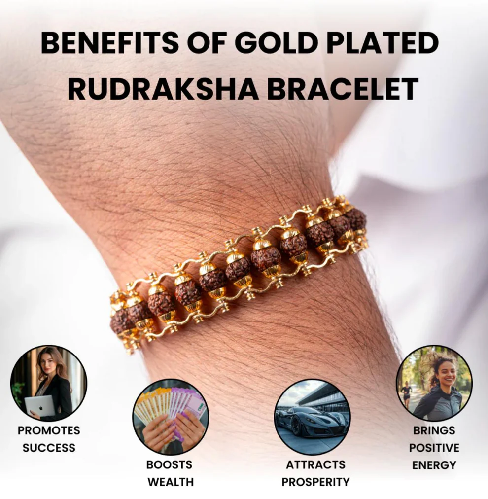 Authentic 5 Mukhi Rudraksha Bracelet for Men & Women | Gold-Plated Brass Spiritual Healing Bracelet | Unisex Religious Jewelry - Image 2
