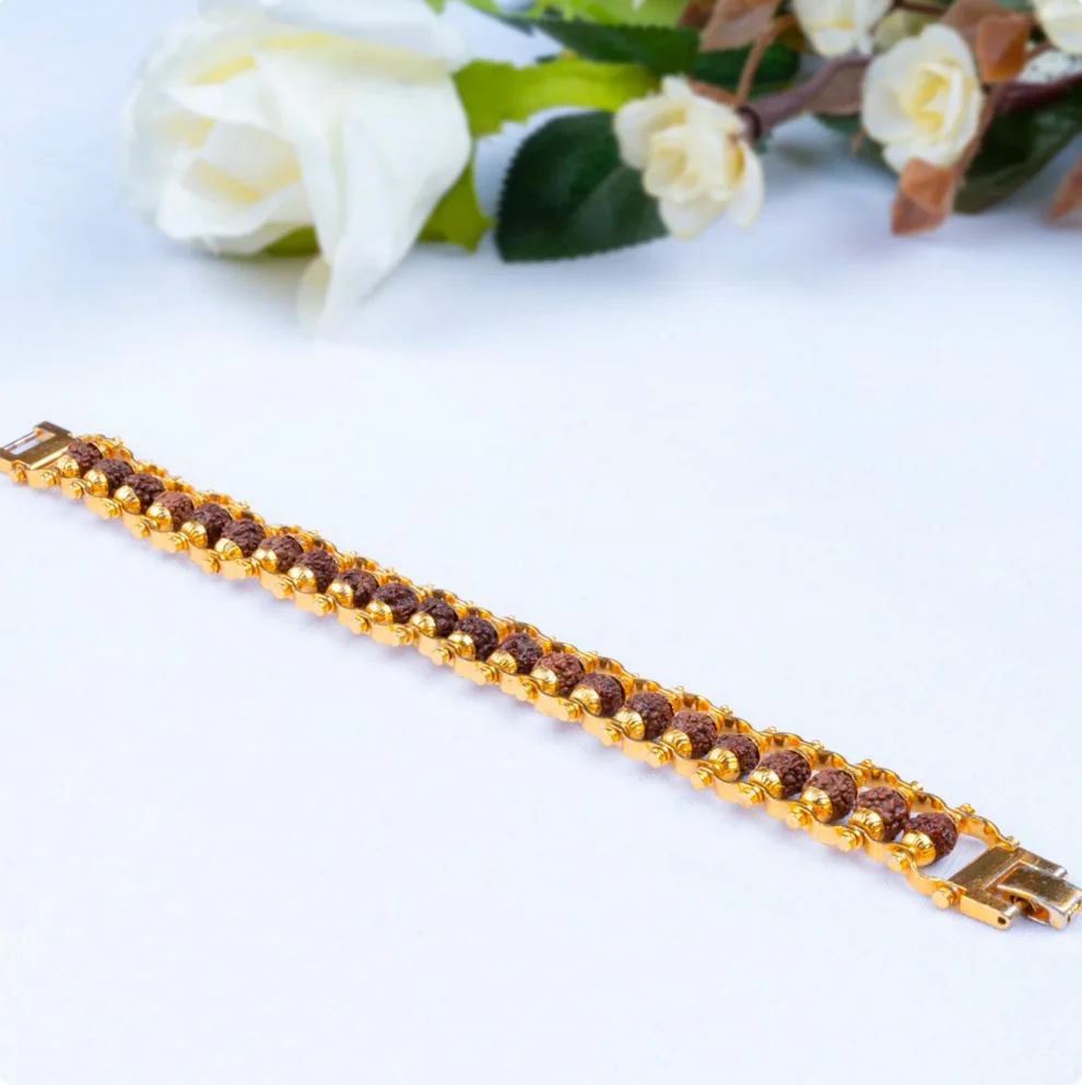 Authentic 5 Mukhi Rudraksha Bracelet for Men & Women | Gold-Plated Brass Spiritual Healing Bracelet | Unisex Religious Jewelry