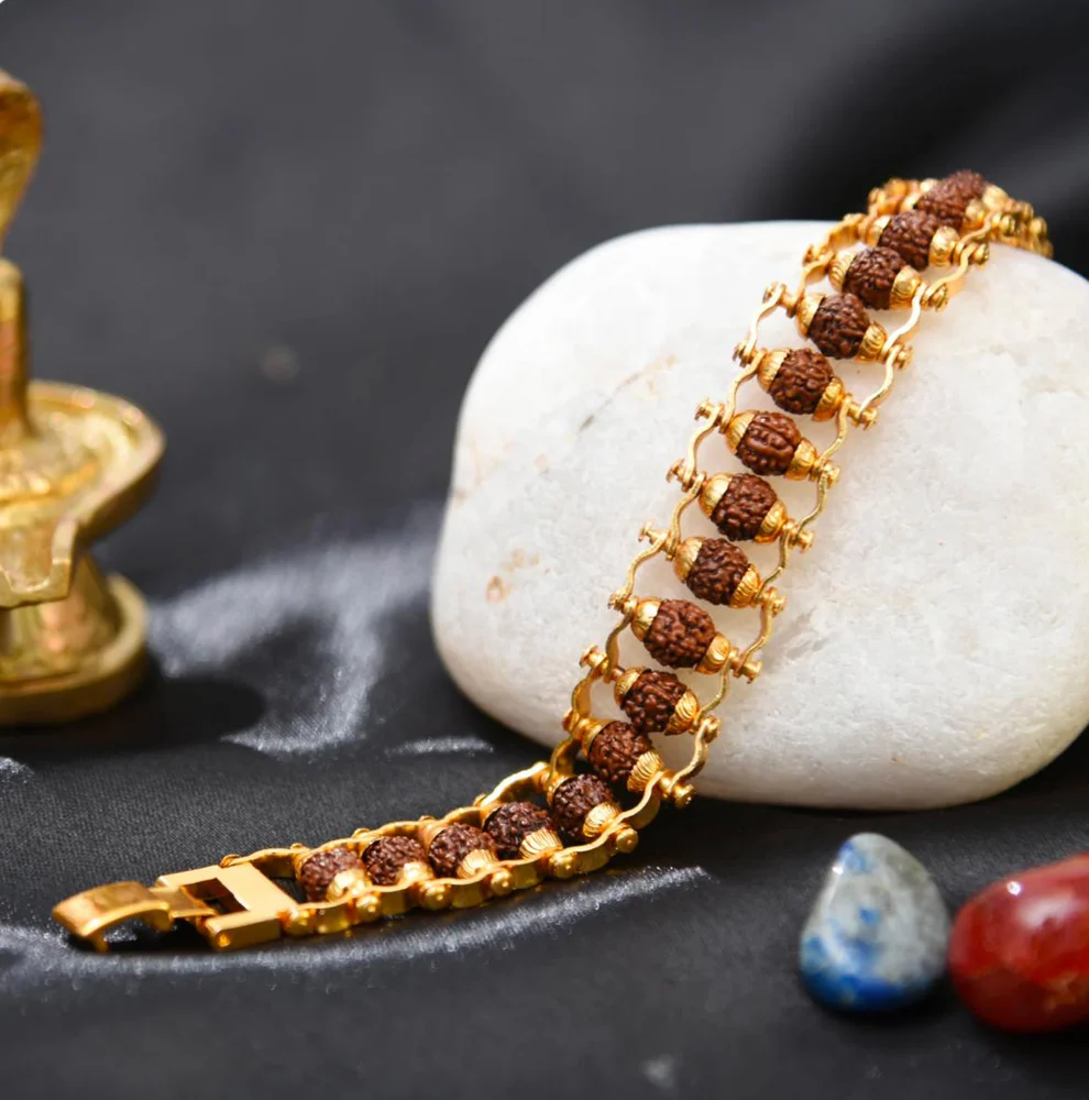 Authentic 5 Mukhi Rudraksha Bracelet for Men & Women | Gold-Plated Brass Spiritual Healing Bracelet | Unisex Religious Jewelry - Image 3